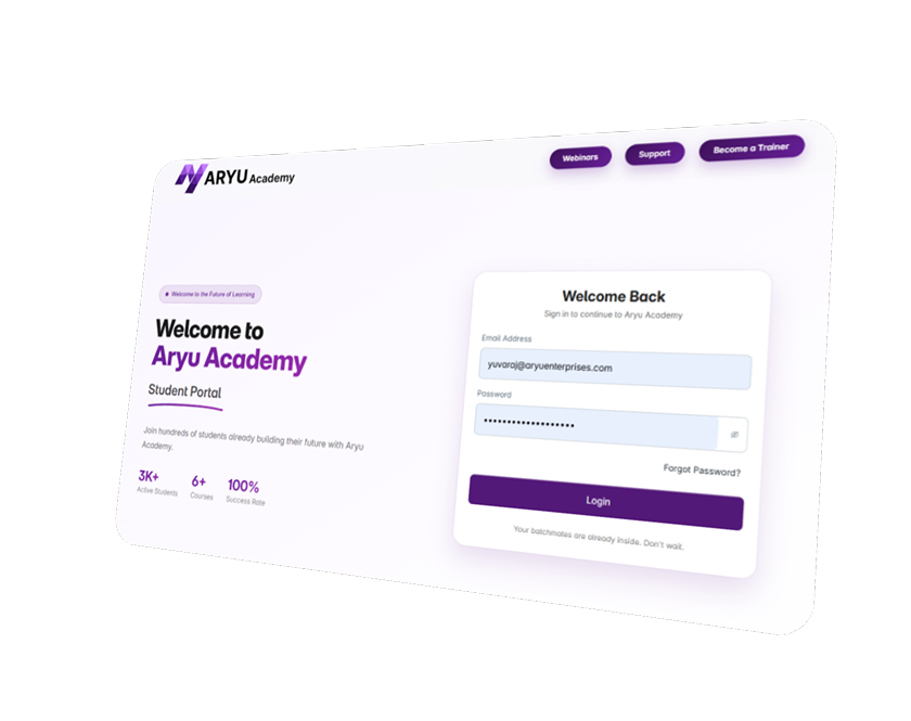 Aryu Academy Student Portal Welcome Back Login Dashboard Screen